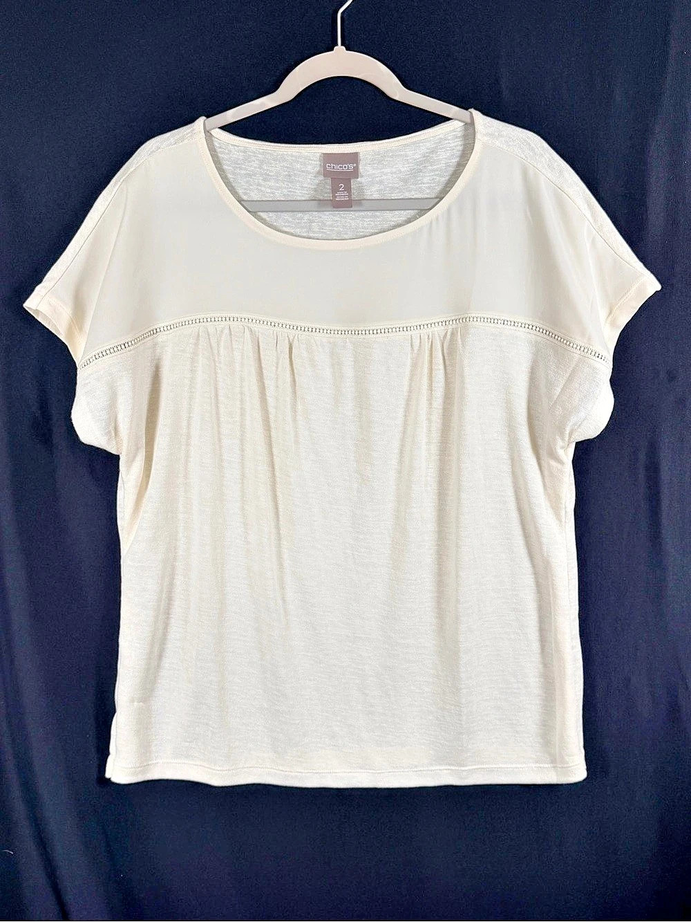 Chico's Cream Short Sleeve Top L flowy Office coastal comfortable lightweight